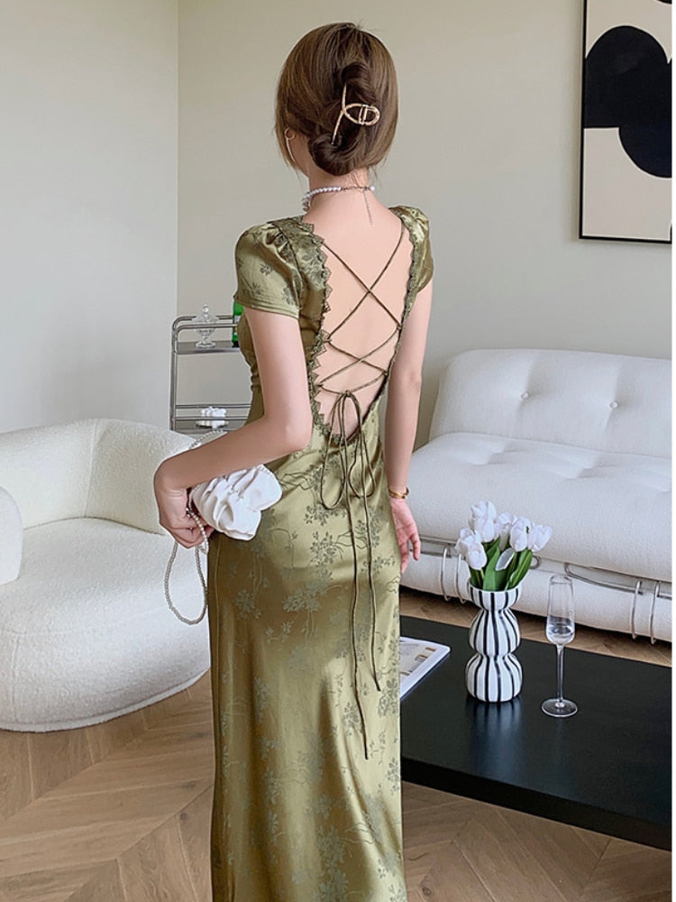 Elegant Women Green Satin Backless Evening Dress Ladies Lace Bandage Vintage Jacquard Dresses Party Summer Robe