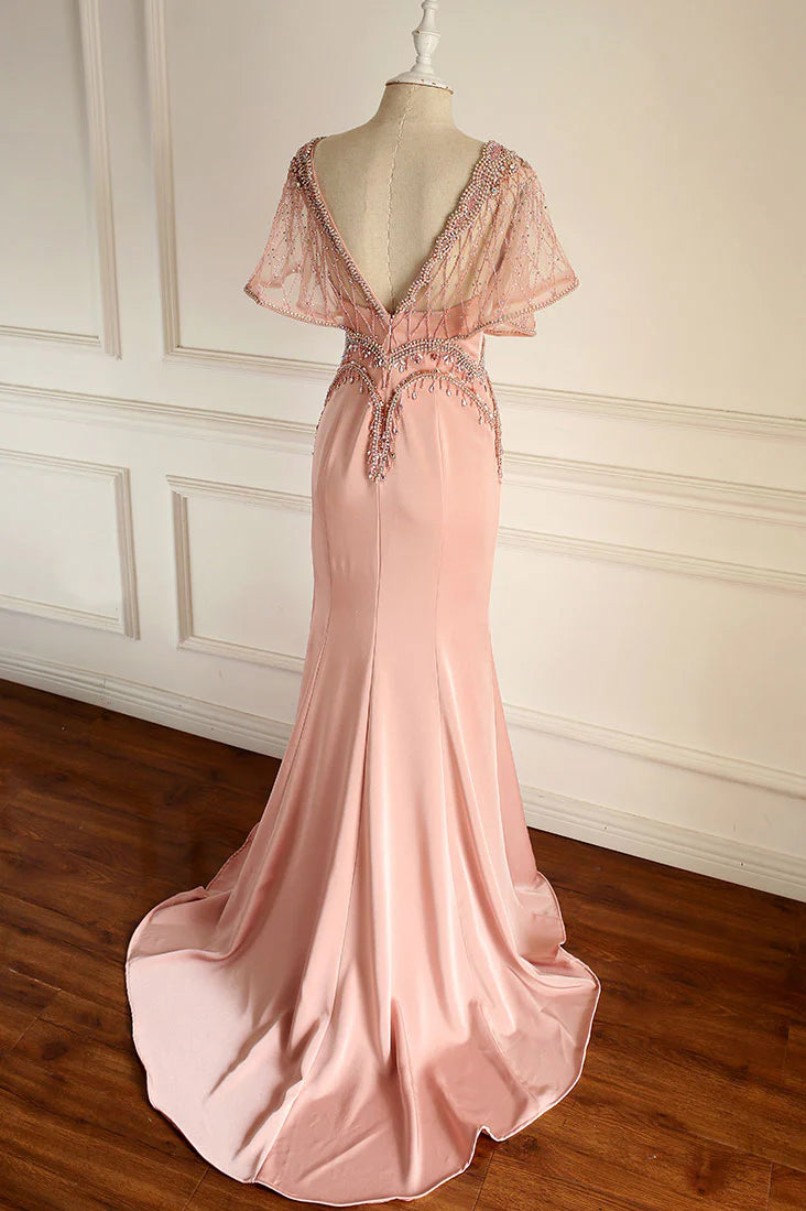 Unique pink beads chiffon long prom dress  pink evening dress