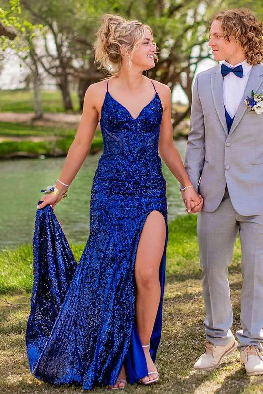 Royal Blue Spaghetti Straps V-Neck Sequined Mermaid Prom Dress with Slit ﻿