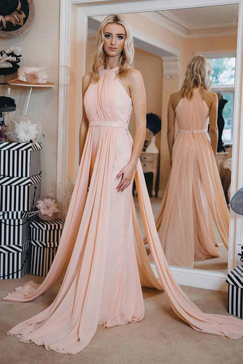 Simple chiffon pink long prom dress pink evening dress