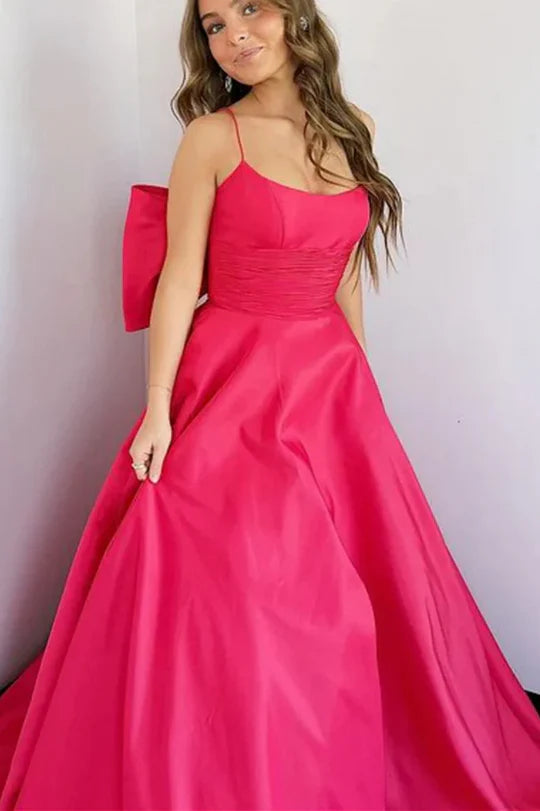 A-Line Spaghetti Straps Big Bow Scoop Neck Satin Formal Prom Dress ﻿