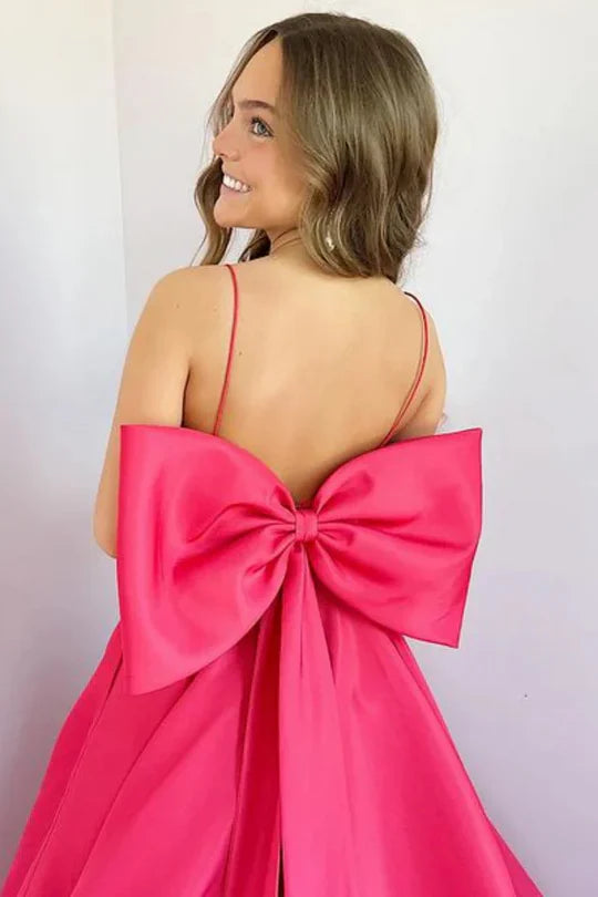 A-Line Spaghetti Straps Big Bow Scoop Neck Satin Formal Prom Dress ﻿