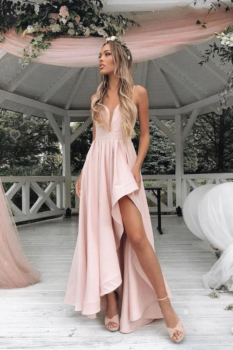 Simple pink satin long prom dress pink formal dress