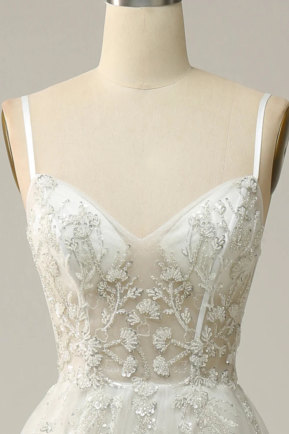 DingJiDress A Line Spaghetti Straps White Long Bridal Dress with Appliques