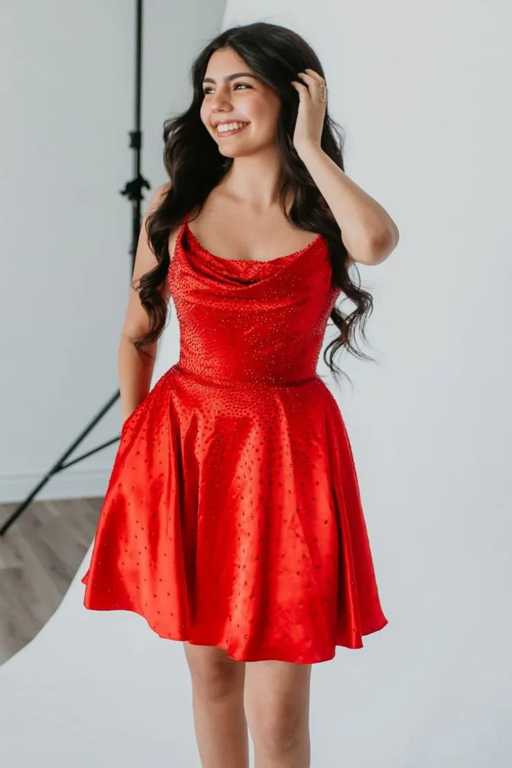 A Line Cowl Neck Red Satin Homecoming Dresses