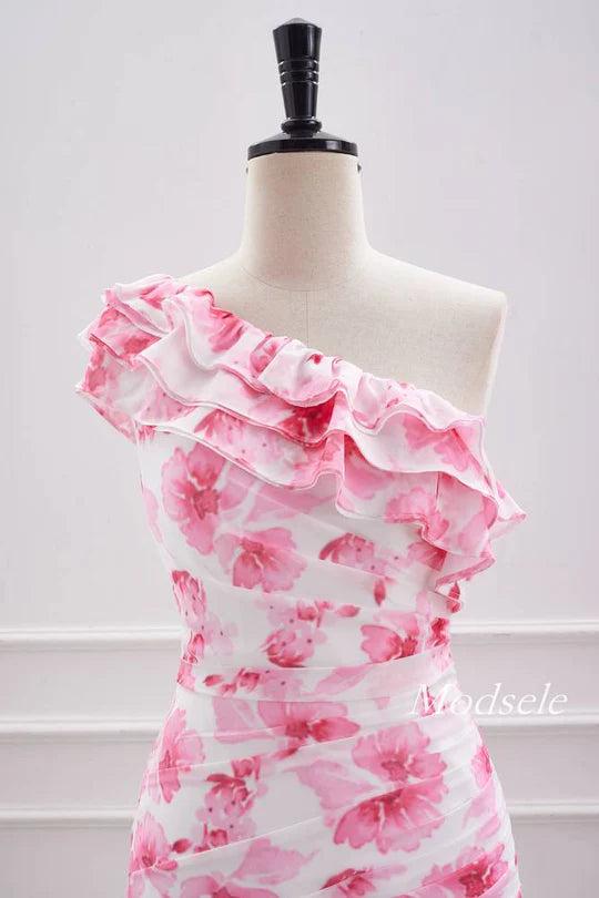Pink Floral Print One Shoulder Tight Ruffle Homecoming Dress