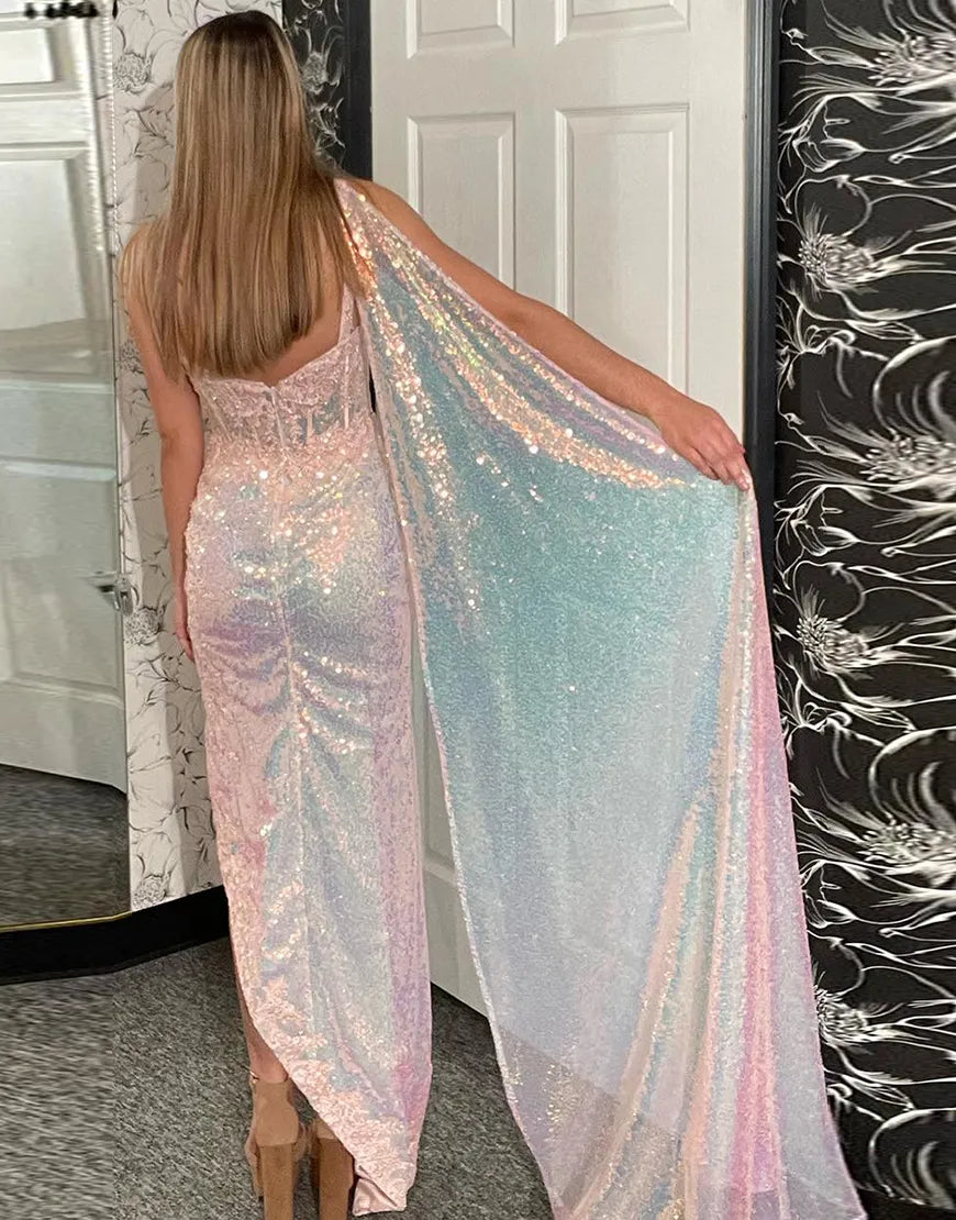Light pink long slit mermaid sequin sticker dance party dress