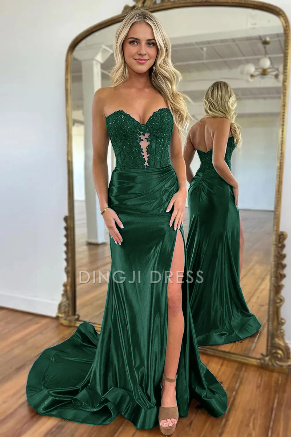 DingJiDress Sweetheart Mermaid Long Satin Pleated With Split Elegant Prom Dress