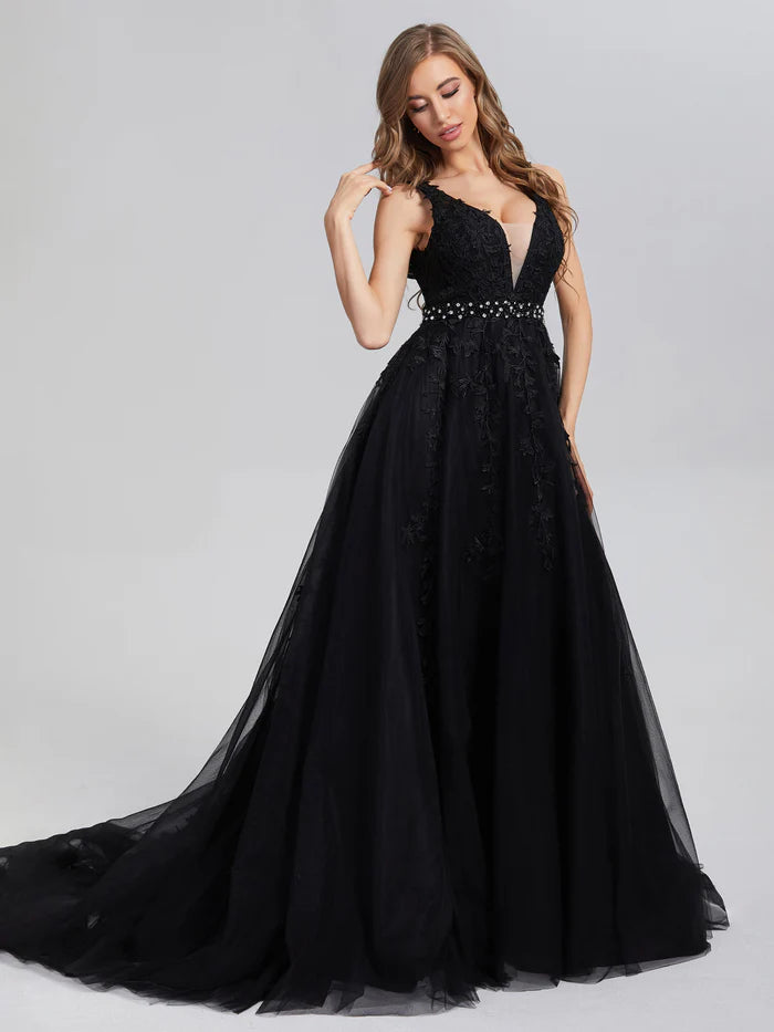 V-neck Backless Appliques Satin Prom Dresses