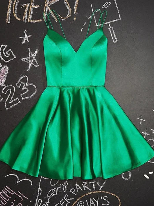 Cute V Neck Green Satin Short Homecoming Prom V Neck Green Formal Graduation Evening