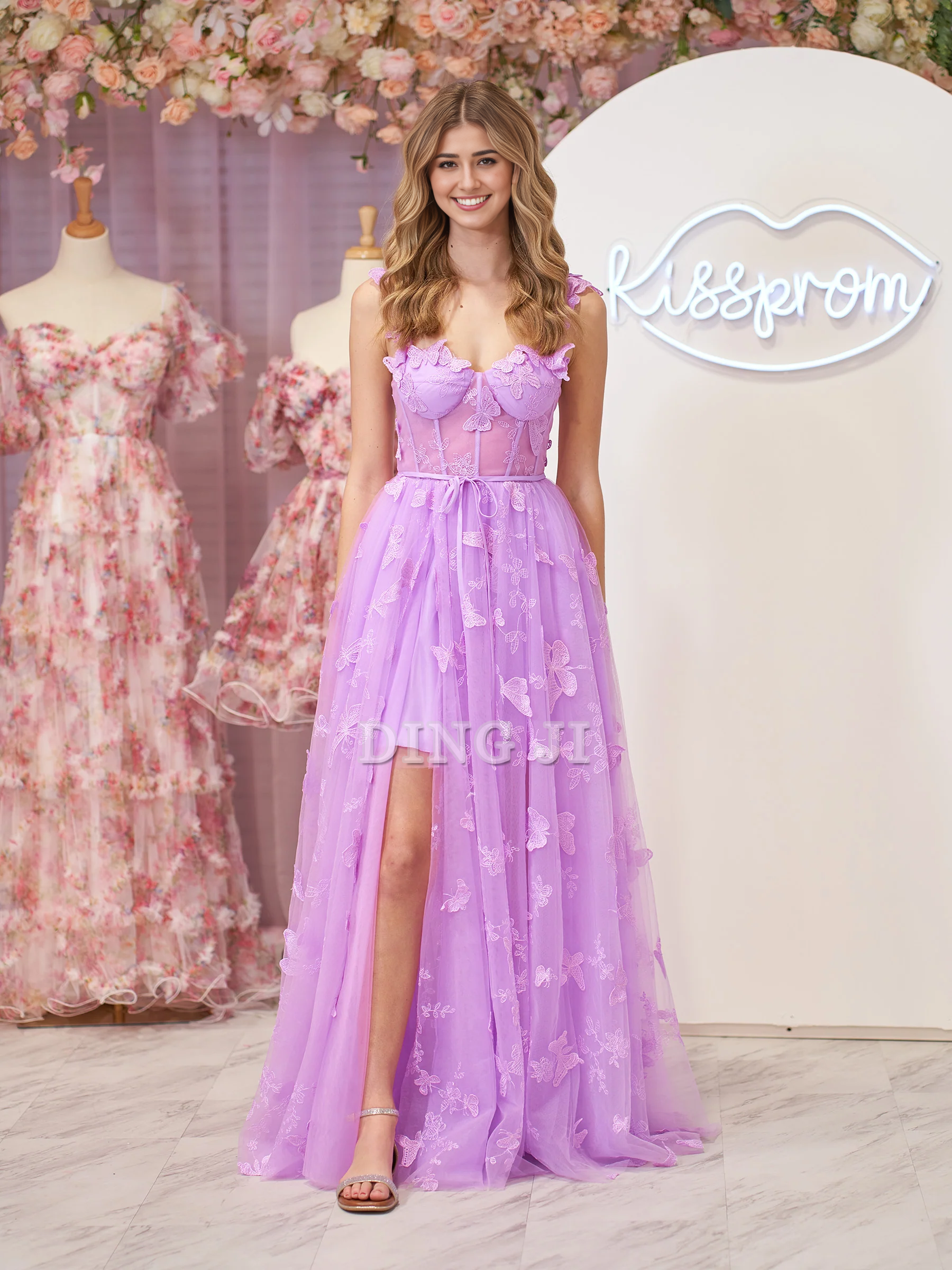 DingJiDress Elegant Fantastic Evening Dress A-line Butterfly Lace Lilac Corset Prom Dress Side Fork Romantic Formal Wear Dresses Wedding Guest Dresses