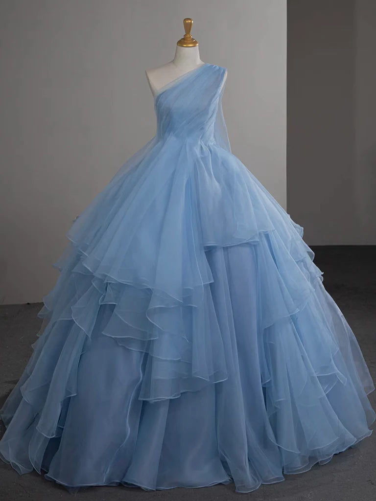 Ball Gown One Shoulder Tulle Blue Long Prom Dress Blue Long Evening Dress