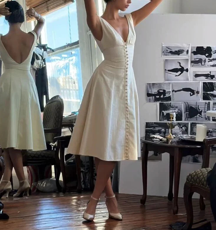 Elegant A-line ball gown V-neck white evening gown