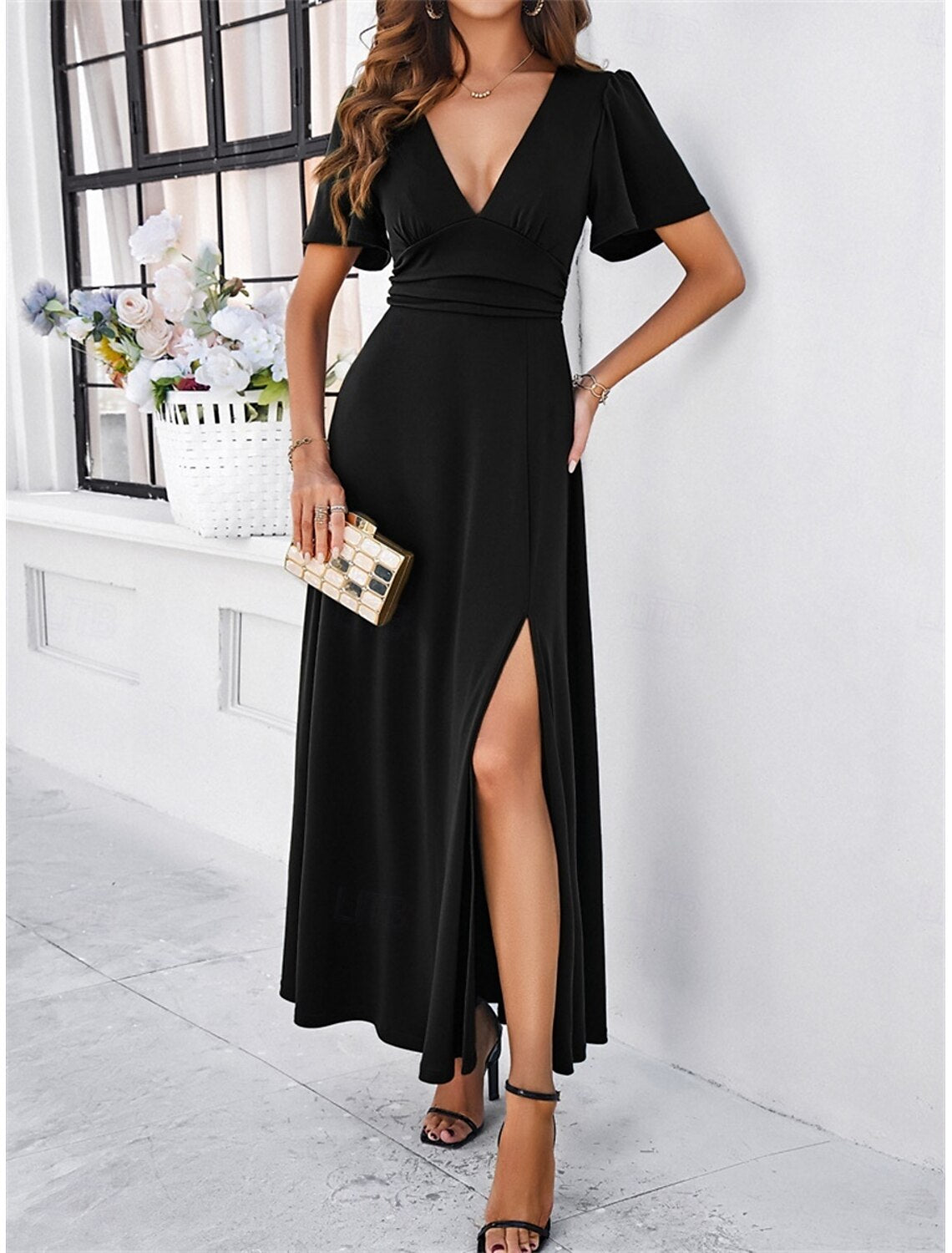 Women's Maxi Dress Corset Dress A Line Dress Solid Color Work Dresses Party Semi Formal Formal Party Work Regular Fit Graphic Short Sleeve V Neck Black Pink Wine Army Green Summer
