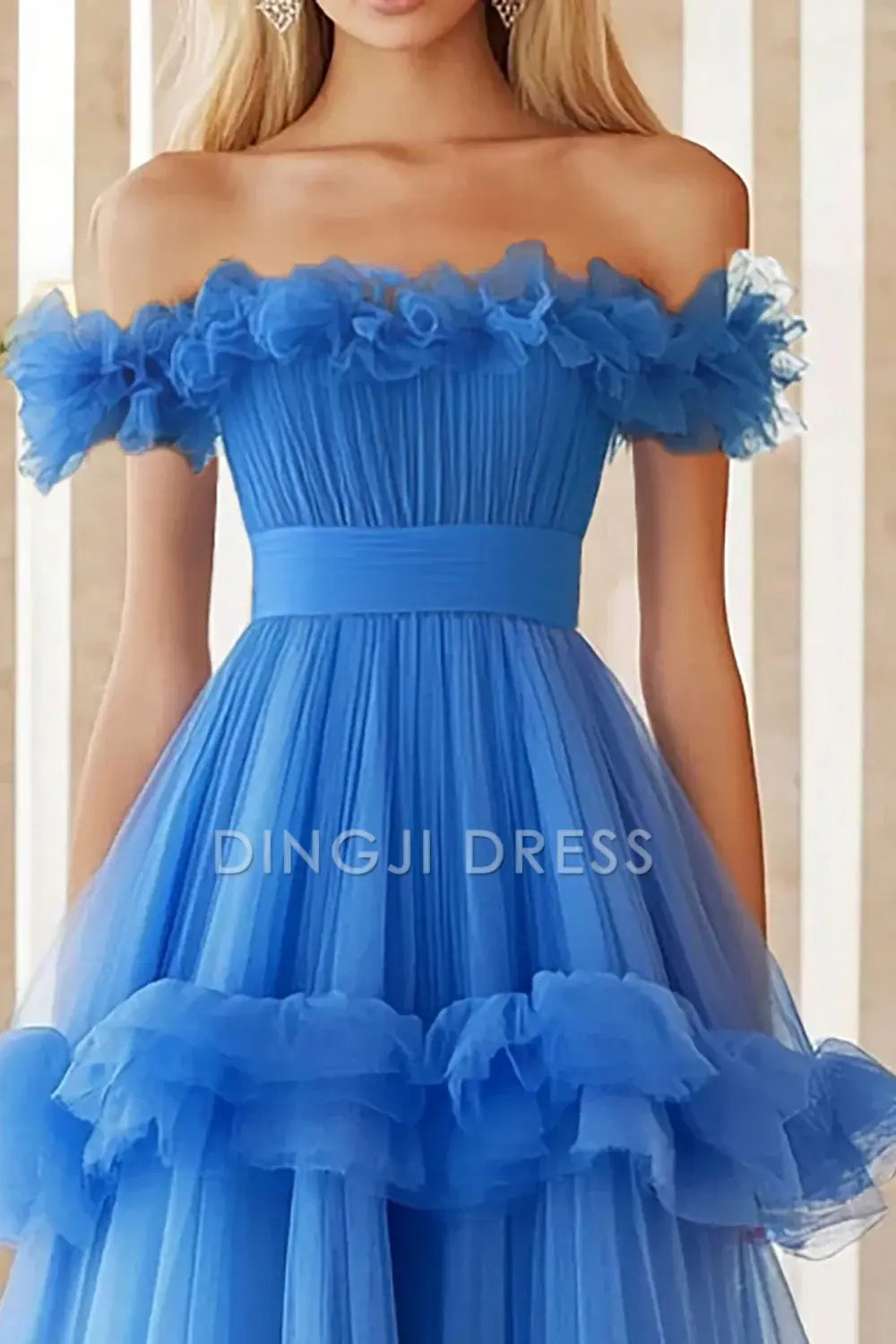 DingJiDress High Quality Dress Fashion A Line Off The Shoulder Tulle Ruffles Atmosphere Long Prom Dress