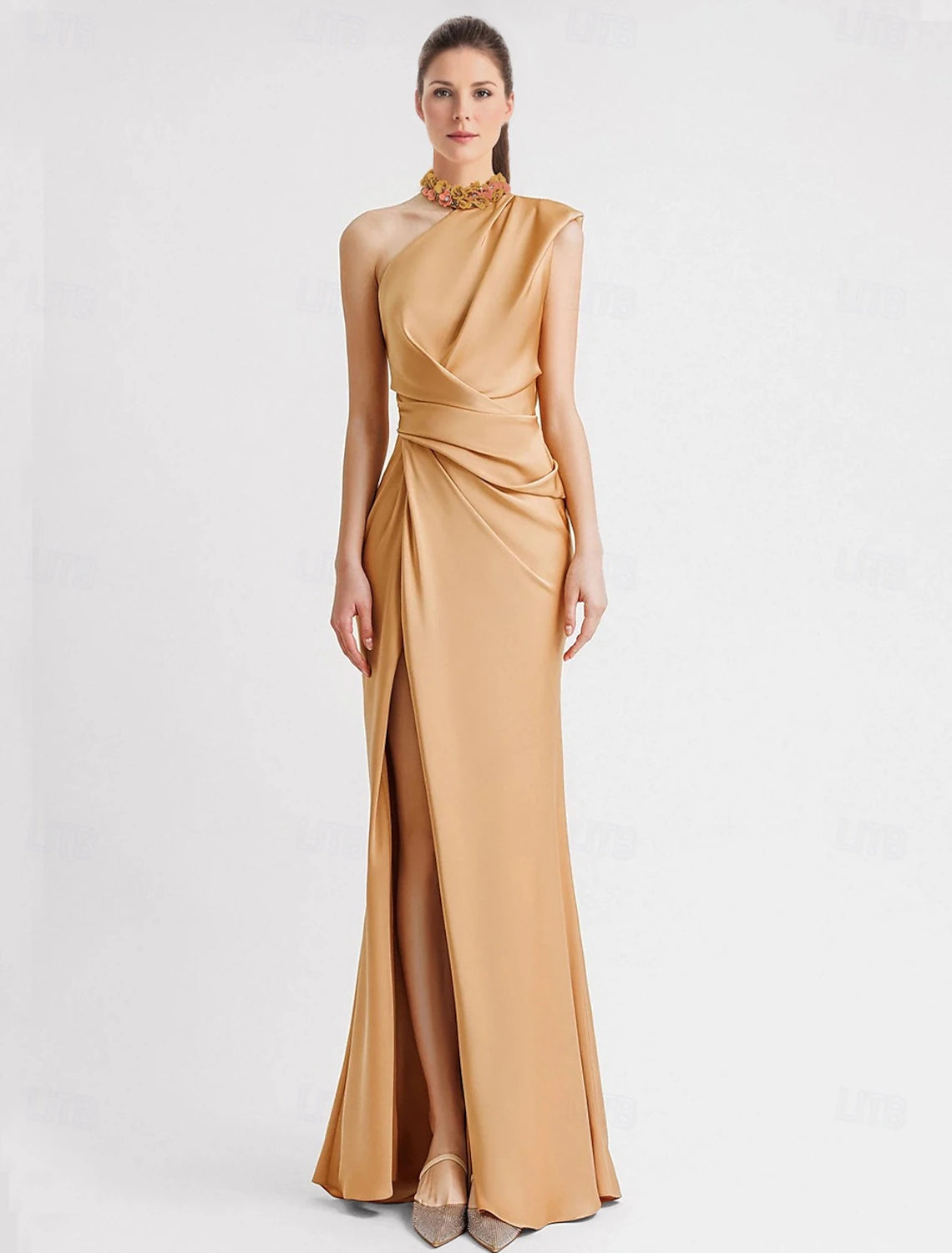 Sheath Evening Gown Elegant Dress Formal Floor Length Sleeveless One Shoulder Pocket Satin with Appliques dress to impress