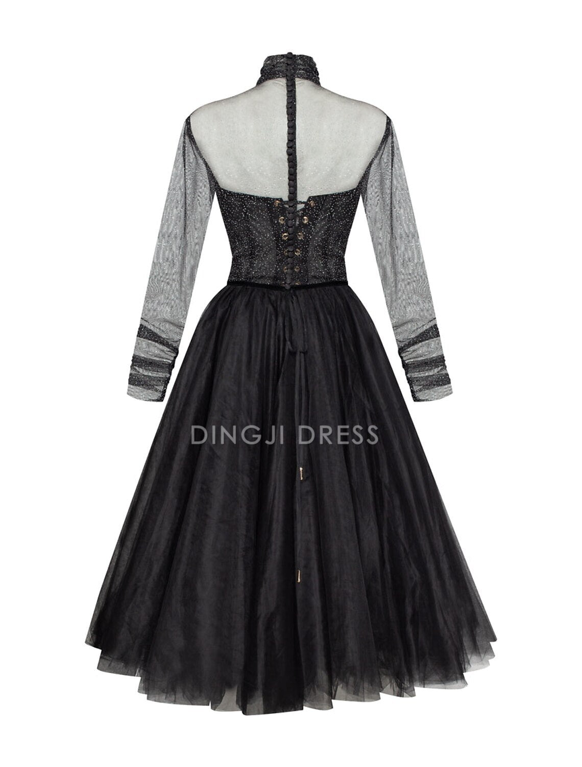DingJiDress Hot Sale Short Prom Dress Elegant A-Line Cocktail Dresses Wedding Guest Knee Length Long Sleeve High Neck Tulle with Pleats Pure Color Charming New Homecoming Dress