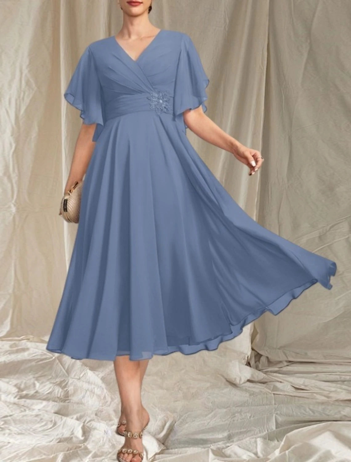 A-Line Mother of the Bride Dress Wedding Guest Elegant V Neck Tea Length Chiffon Short Sleeve with Appliques Ruching Midi Dress