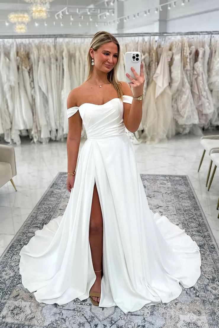 Fashion A Line Off the Shoulder White Satin Wedding Dresses with Slit