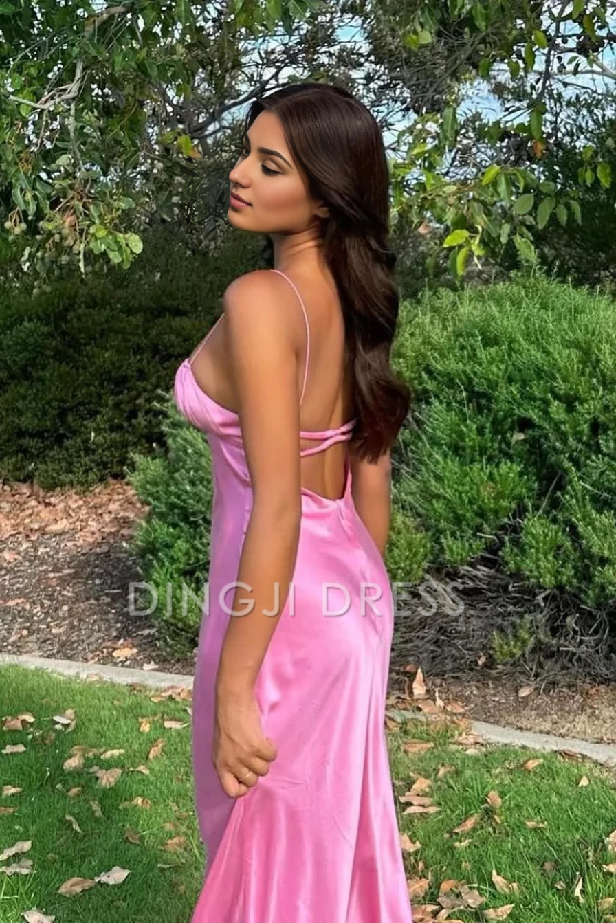 DingJiDress Simple Sheath Spaghetti Straps Long with Backless Fashion Prom Dress