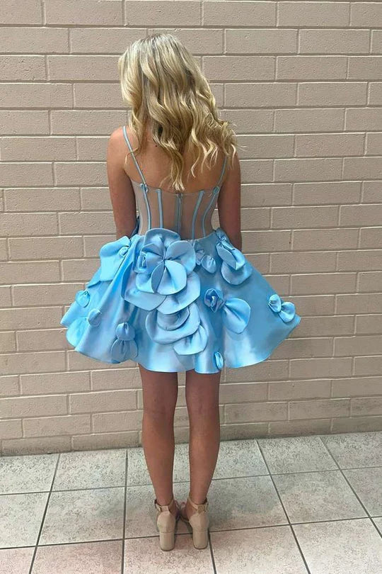 DingJiDress A-Line Homecoming Dress Pink Spaghetti Straps Graduation Dresses with 3D Floral
