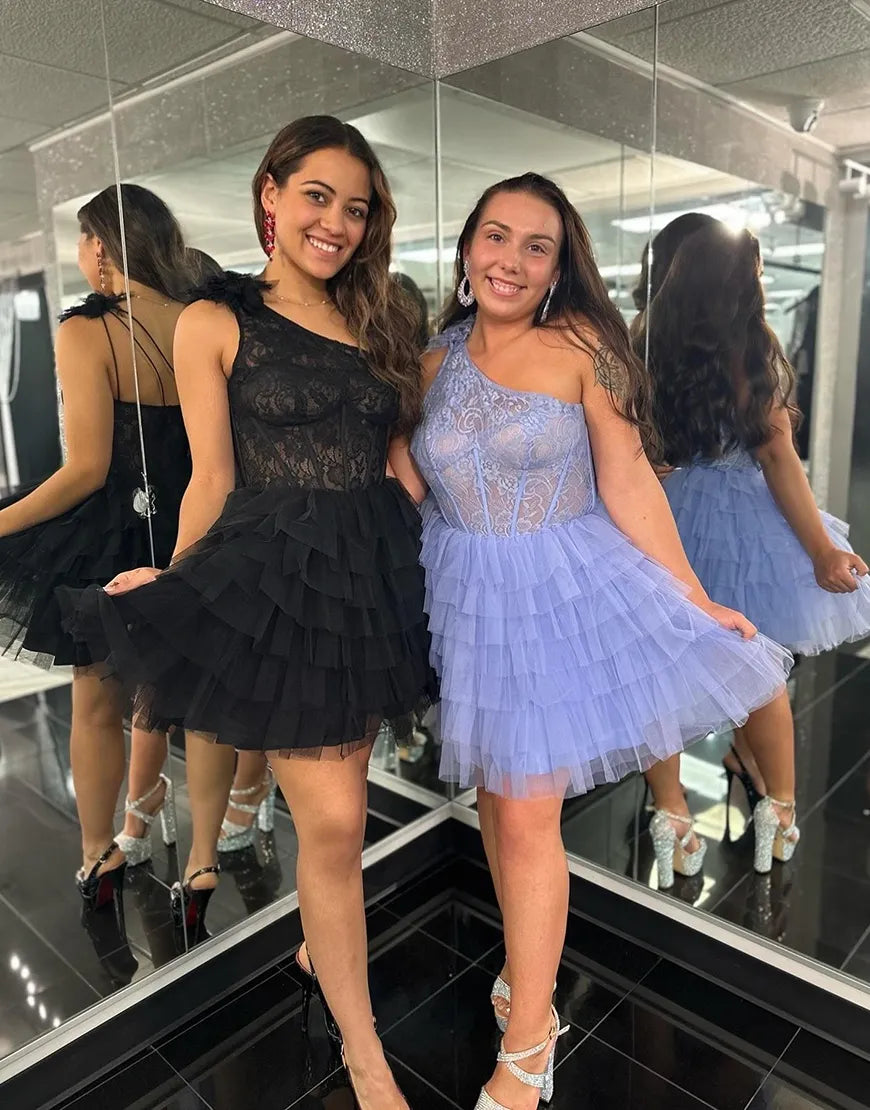 Elegant short shoulder A-line layered chiffon party dress