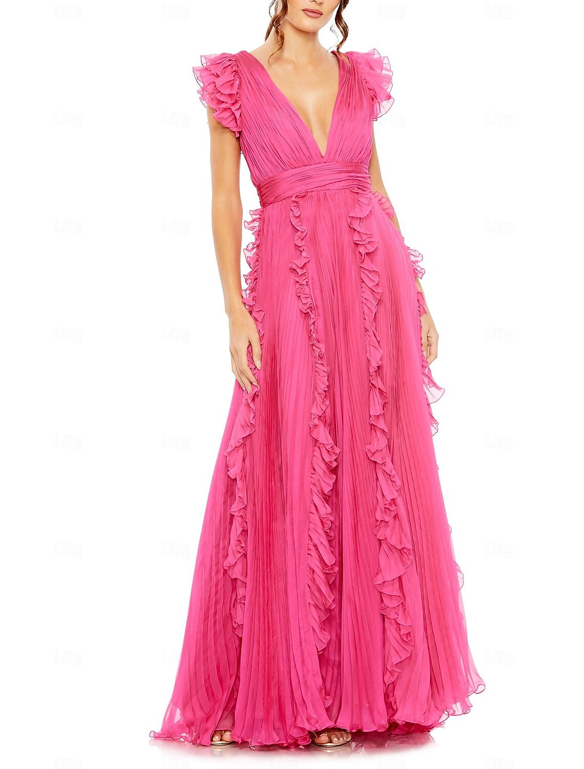 A-Line Wedding Guest Dresses Party Dress Evening Party Prom Floor Length Sleeveless V Neck Chiffon V Back with Pleats