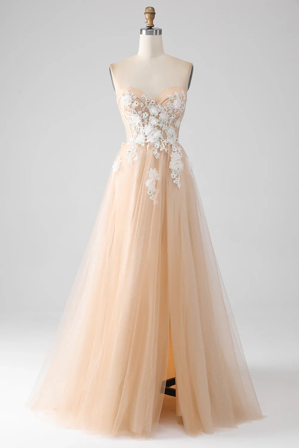 DingJiDress A-Line Champagne Strapless Corset Prom Dress with Appliques