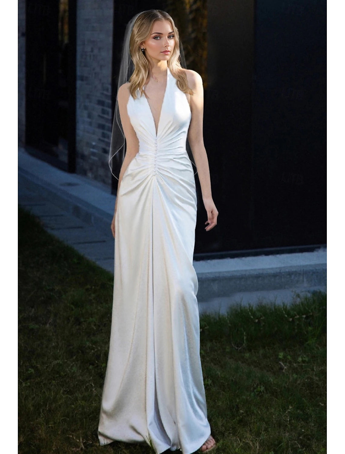 Mermaid&nbsp; Trumpet Prom Dresses Elegant Dress Wedding Sweep&nbsp; Brush Train Sleeveless V Neck Chiffon Satin with Pearls