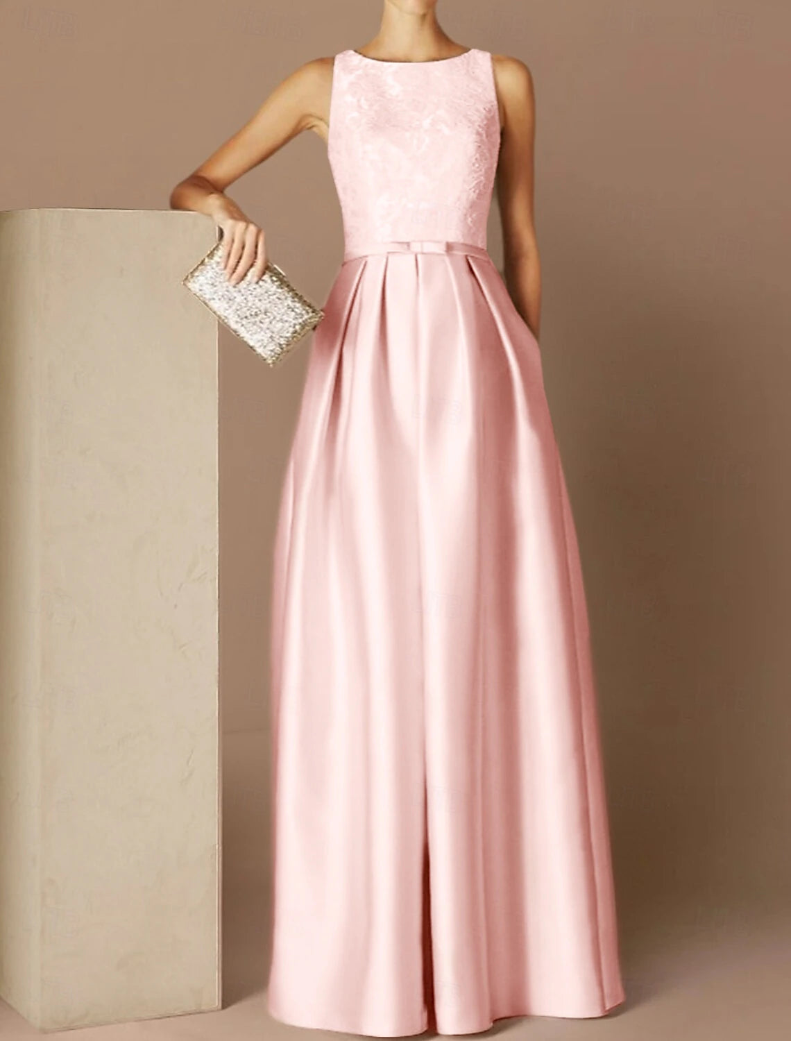 Beach Wedding A-Line Evening Gown Elegant Dress Formal Evening Floor Length Sleeveless Jewel Neck Fall Wedding Guest Satin with Sash / Ribbon Pleats Appliques