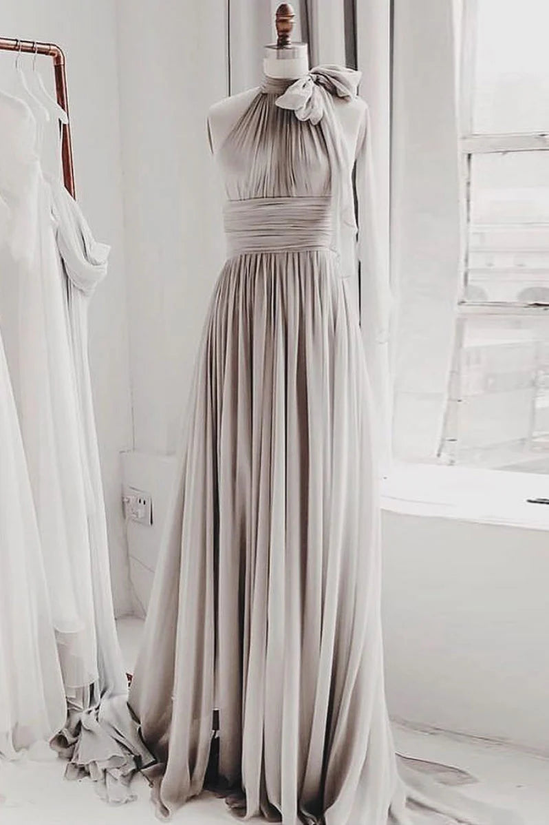 Simple chiffon gray long prom dress gray bridesmaid dress