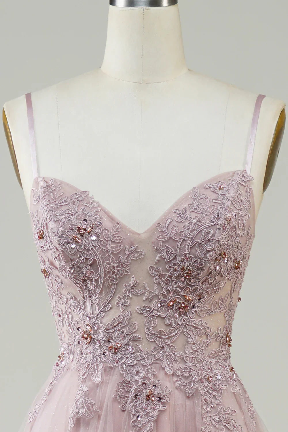 DingJiDress Sparkly Blush A-Line Tulle Long Prom Dress with Lace