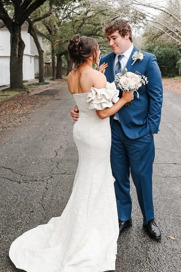 Mermaid strapless jacquard satin dance dress with slit