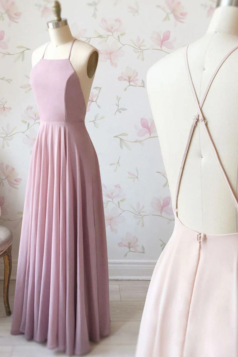 Simple chiffon pink long prom dress  pink evening dress