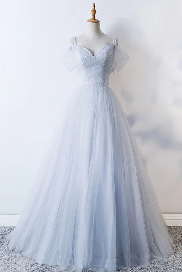Gray sweetheart tulle long prom dress gray evening dress