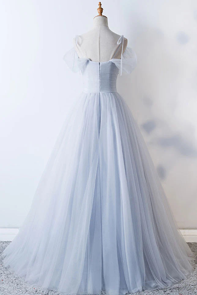 Gray sweetheart tulle long prom dress gray evening dress