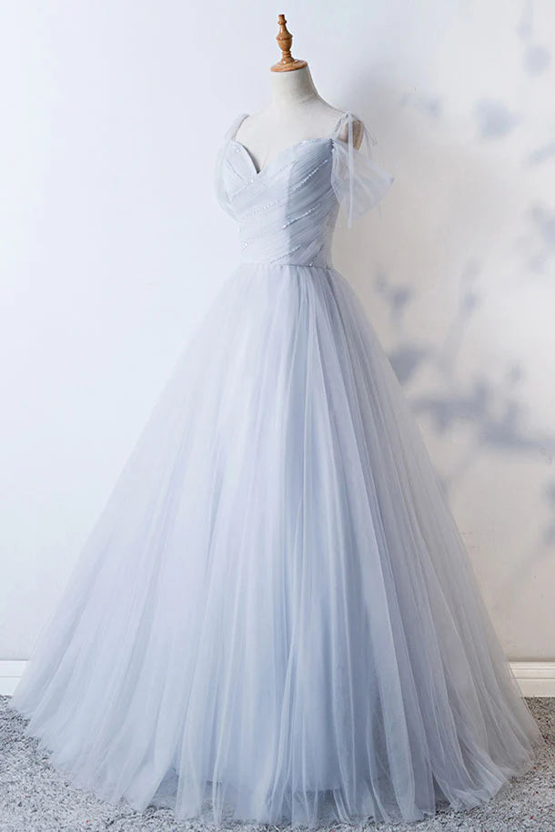 Gray sweetheart tulle long prom dress gray evening dress