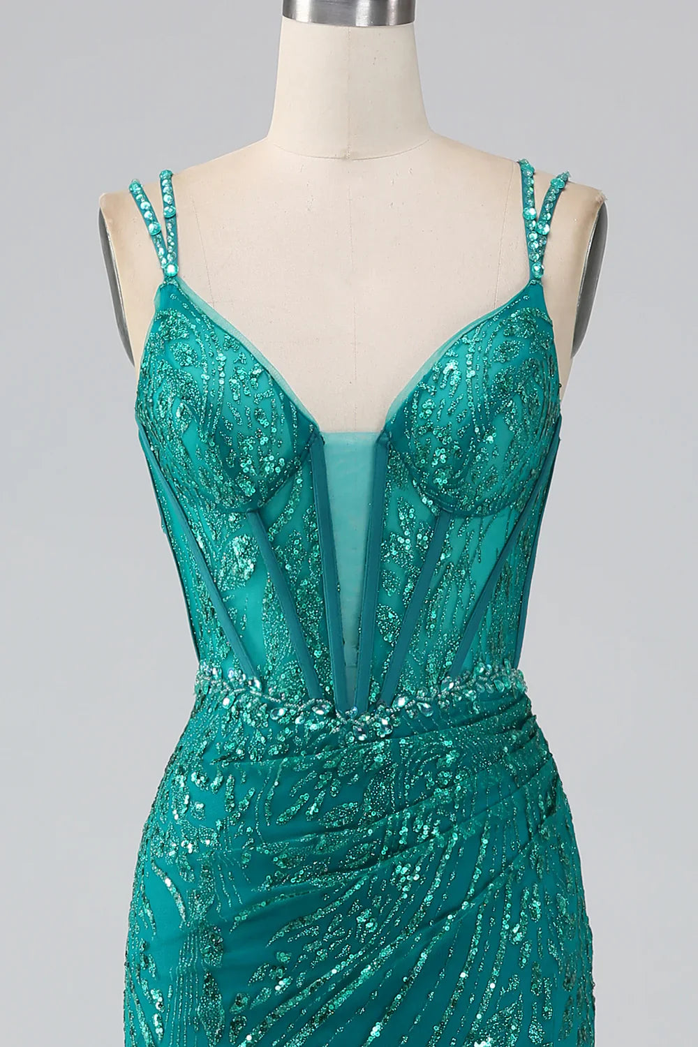DingJiDress Dark Green Sparkly Mermaid Spaghetti Straps Corset Prom Dress With Slit
