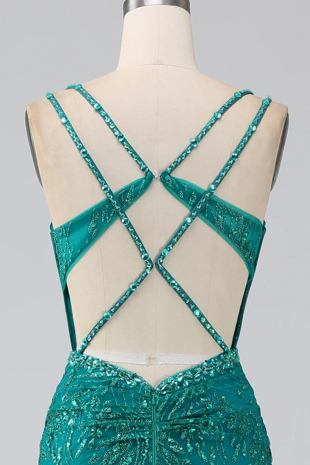 DingJiDress Dark Green Sparkly Mermaid Spaghetti Straps Corset Prom Dress With Slit