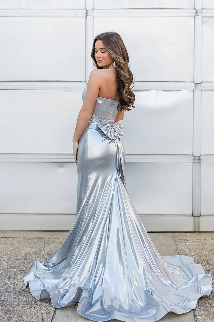 Mermaid Strapless Silver Satin Long Prom Dresses with Slit