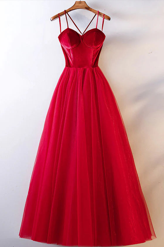 Red tulle long prom dress simple red tulle evening dress