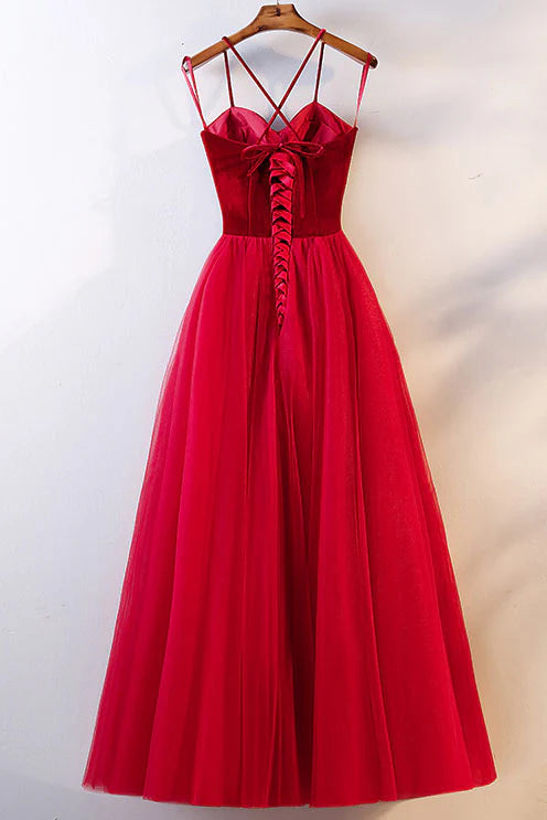 Red tulle long prom dress simple red tulle evening dress