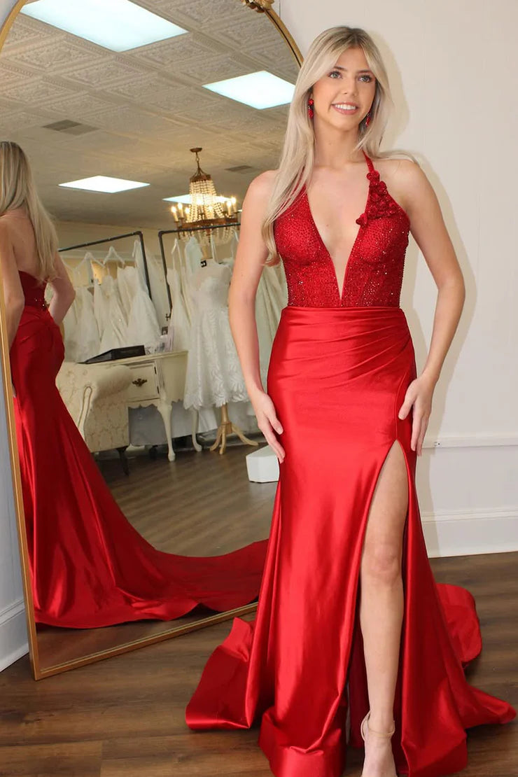 Red Sequins Long Prom Dresses with Slit