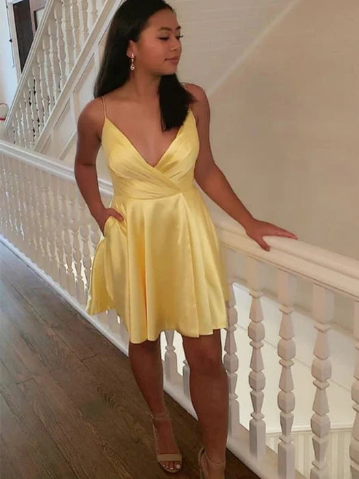 Cute V Neck Yellow Satin Short Prom Homecoming V Neck Yellow Formal Graduation Evening
