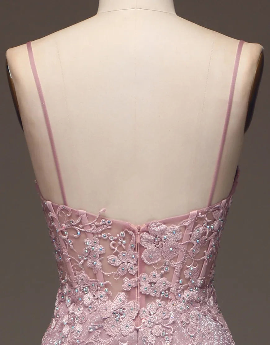 Pink sequin long suspender mermaid pearl decal party dress