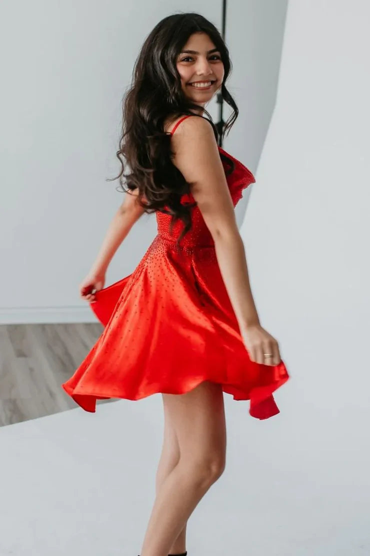 A Line Cowl Neck Red Satin Homecoming Dresses