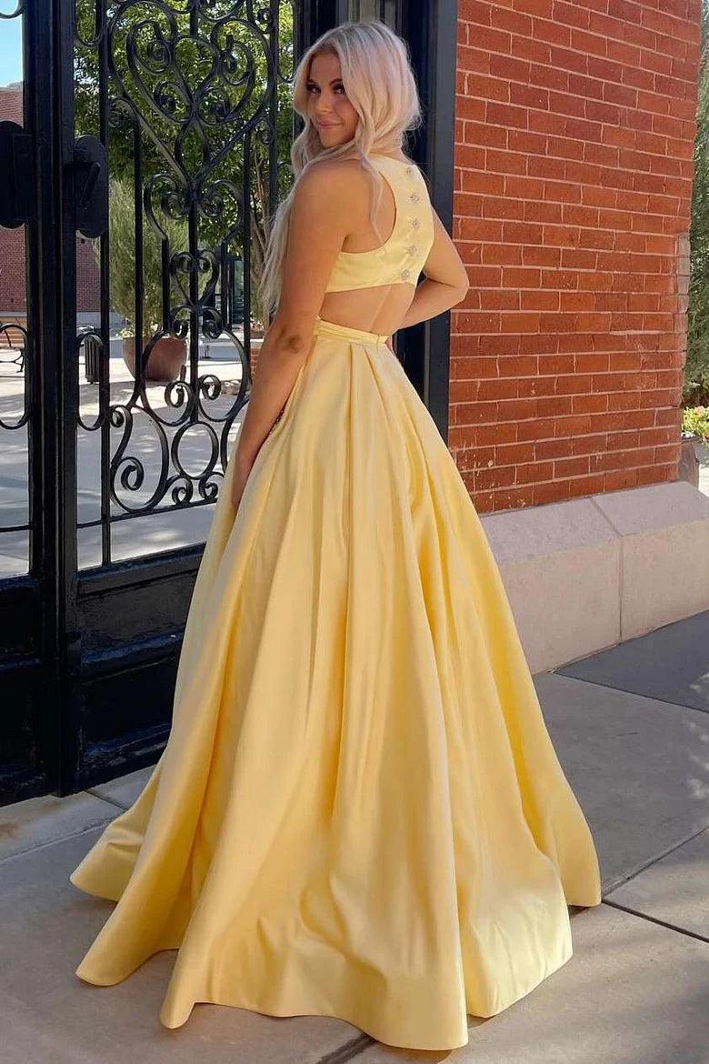 Yellow Round Neck Cutout Back A-Line Formal Dress with Rhinestones