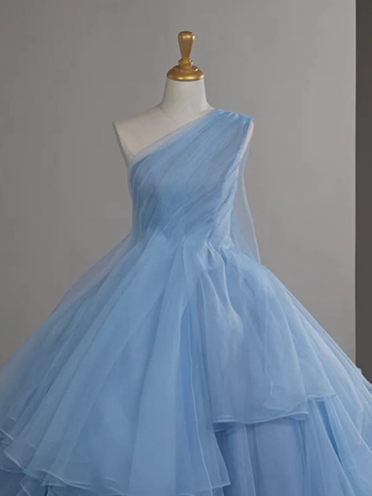 Ball Gown One Shoulder Tulle Blue Long Prom Dress Blue Long Evening Dress