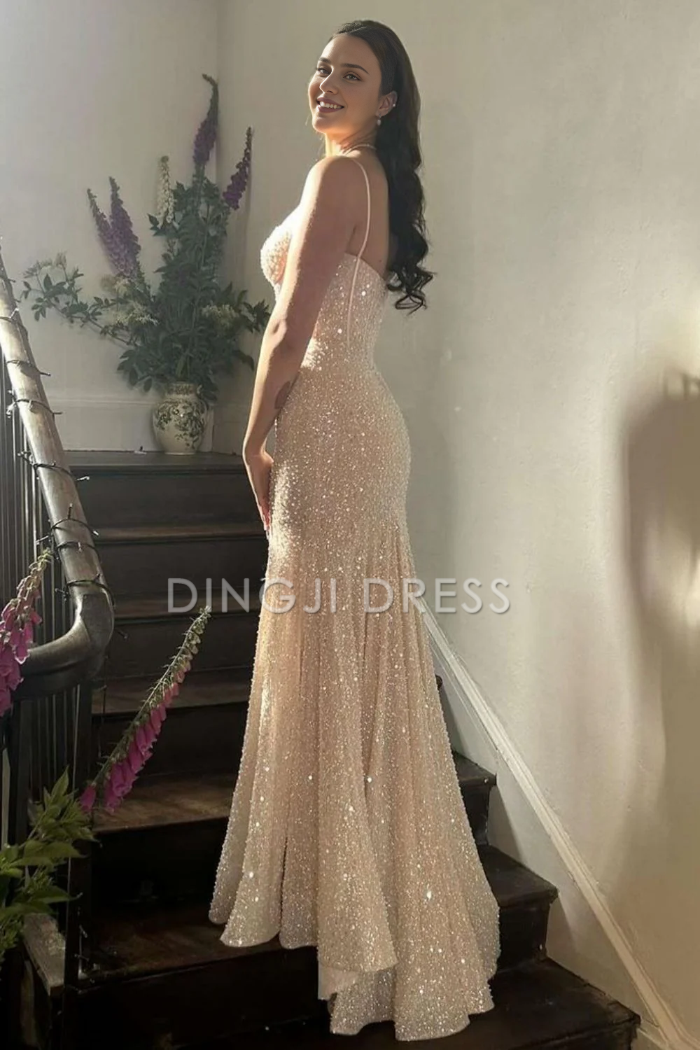 DingJiDress Shiny Charming Mermaid Spaghetti Straps Long Elegant Prom Dress