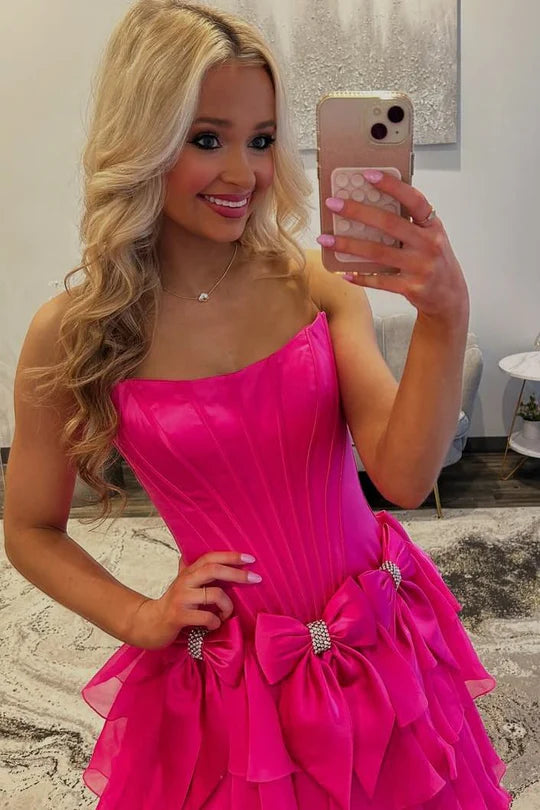 A-Line Strapless Scoop Empire-Waist Layered Prom Dress with Bows